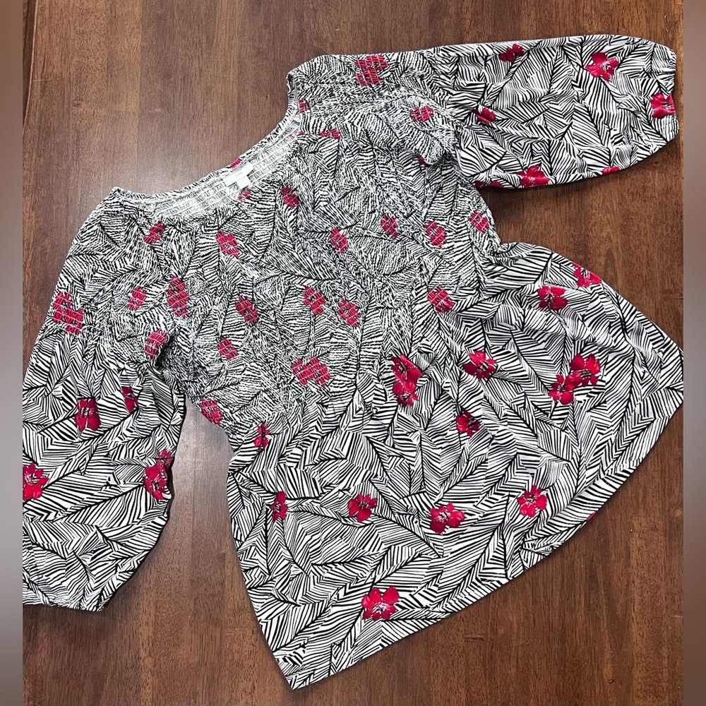 J Jill Women’s Large Floral Smocked Pullover Casual Top Balloon 3/4 Sleeve